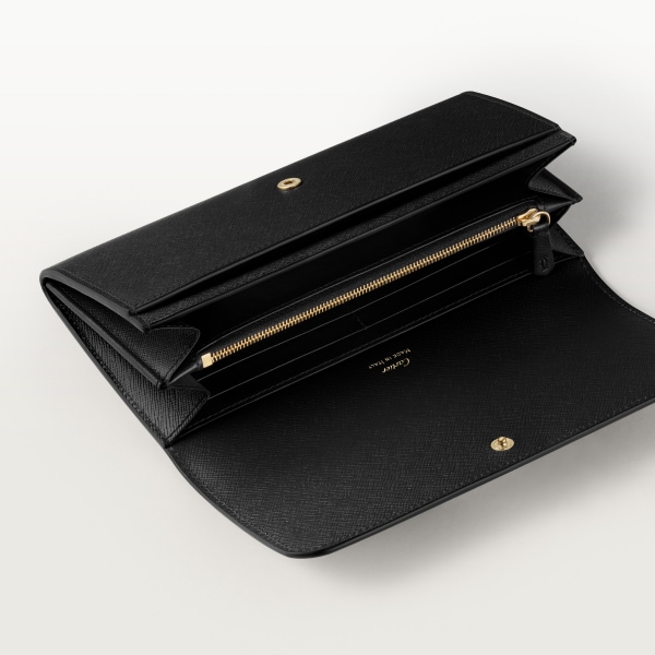 International wallet with flap, C de Cartier Black textured calfskin, golden finish