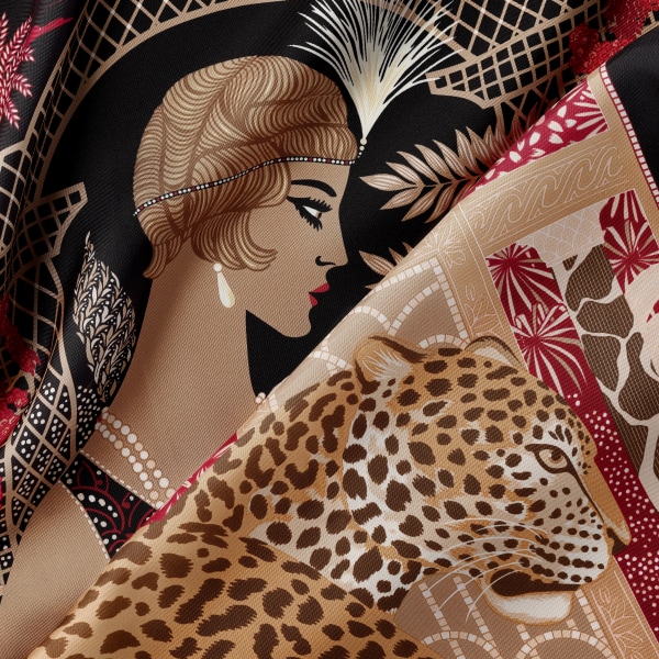 90 scarf, Woman with a Panther Red silk twill 