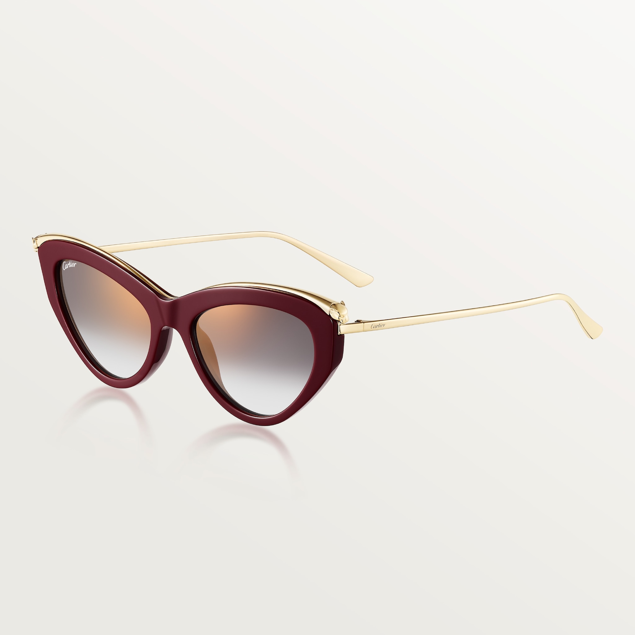 Panthère de Cartier SunglassesSmooth golden-finish metal, burgundy acetate, grey lenses