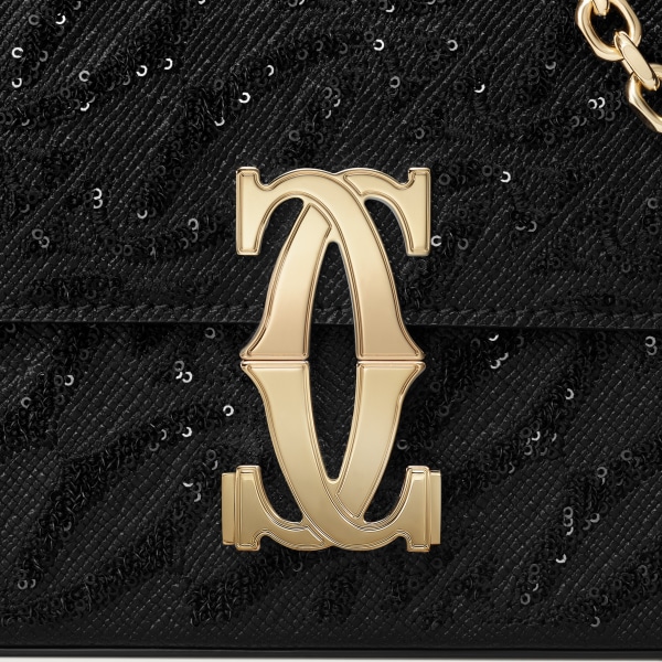 Mini model chain bag, C de Cartier Black textured calfskin, embroidery, golden finish