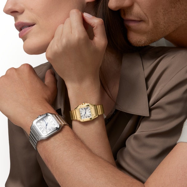 Santos de Cartier watch Small model, quartz movement, yellow gold, interchangeable metal and leather straps