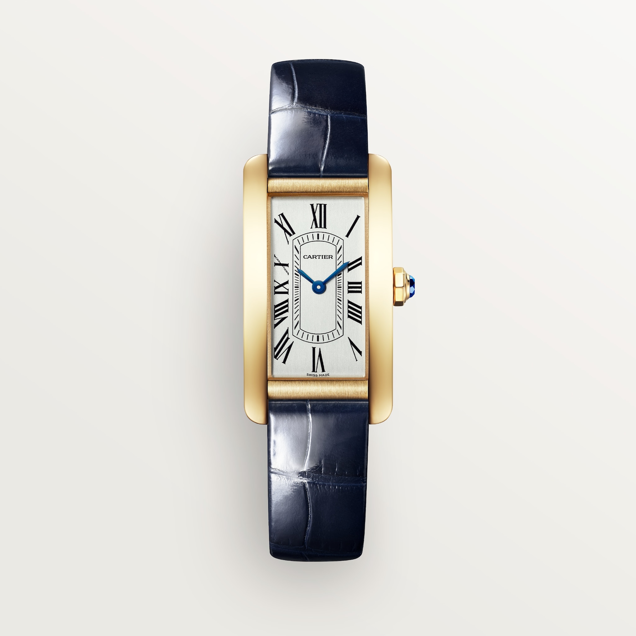 Tank Américaine watchSmall model, quartz movement, yellow gold, leather