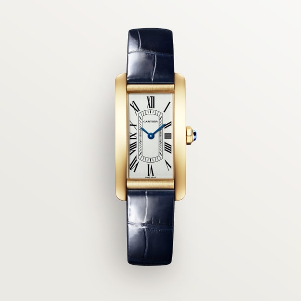 Tank Américaine watch Small model, quartz movement, yellow gold, leather