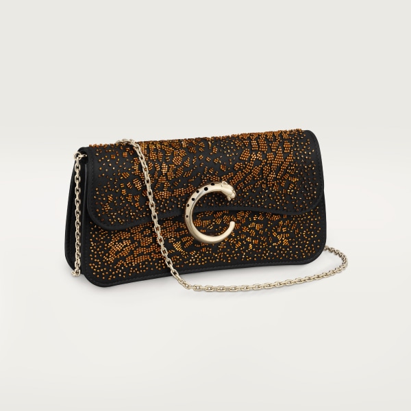 Mini model chain bag, Panthère C de Cartier Black satin and multicoloured bronze bead embroidery