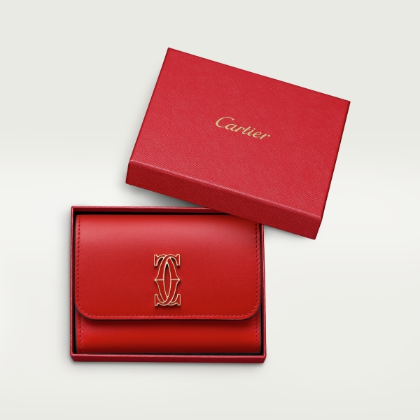 C de Cartier系列小皮具，皮夹 樱桃红色小牛皮，镀金饰面，樱桃红色珐琅