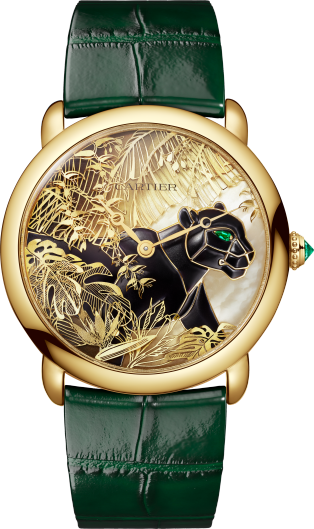 Métiers d'Art jewellery watch 36 mm, manual movement, yellow gold, lacquer, mother-of-pearl, emeralds, diamonds, leather