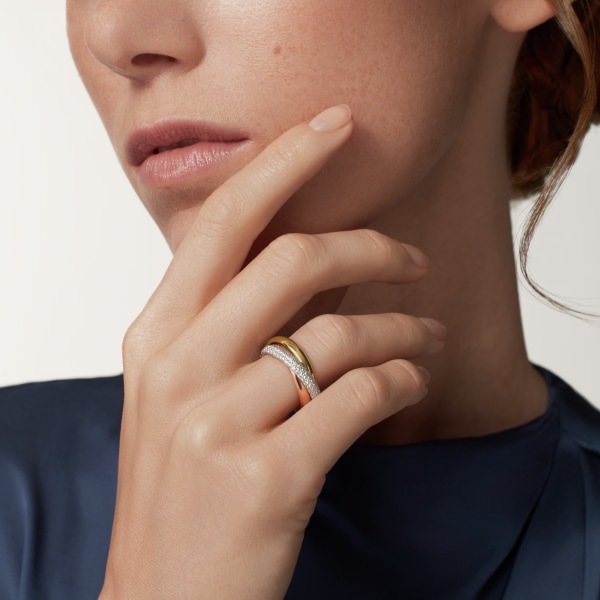 Trinity ring, classic model, semi-paved White gold, yellow gold, rose gold, diamonds