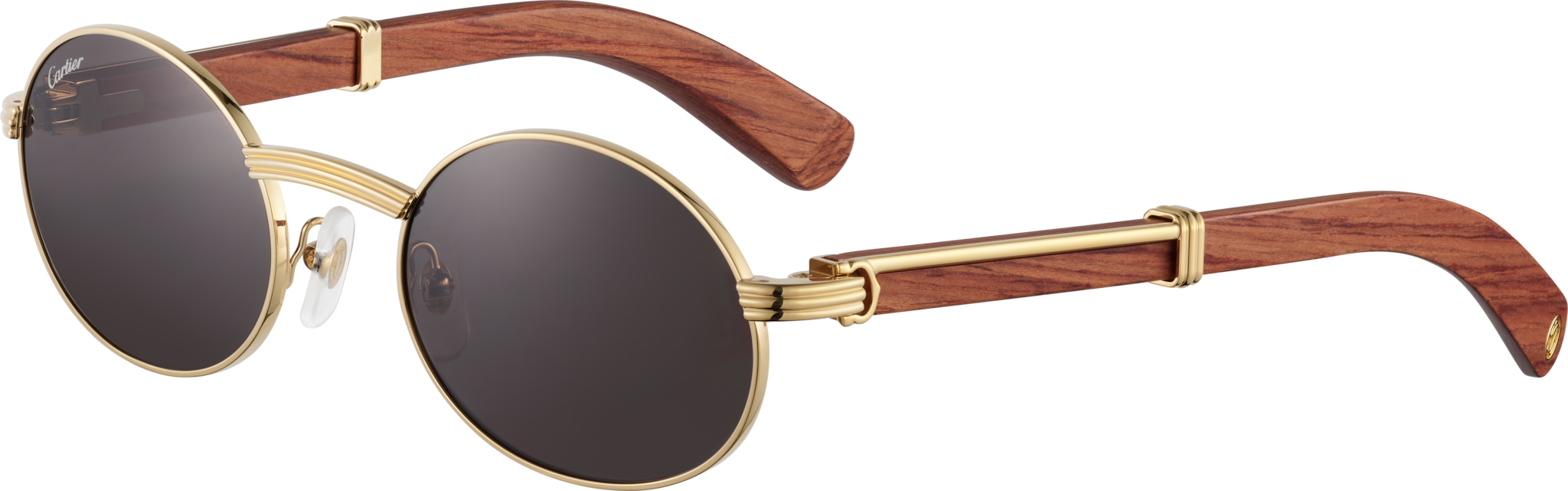 Première de Cartier SunglassesSmooth gold and platinum finish metal, brown wood, grey glass