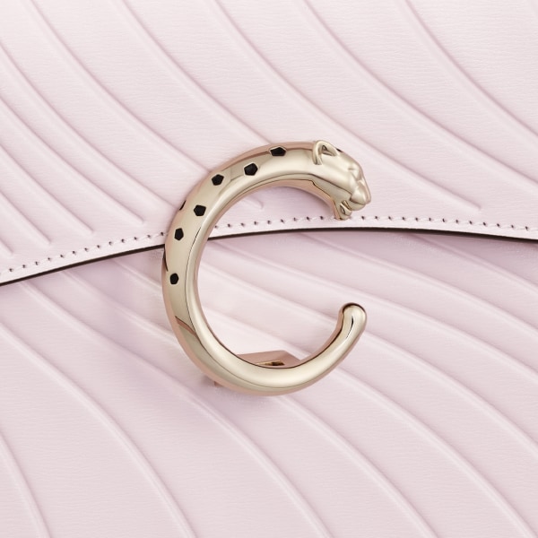 Top handle bag small model, Panthère de Cartier Petal pink calfskin, embossed Cartier signature motif, golden finish
