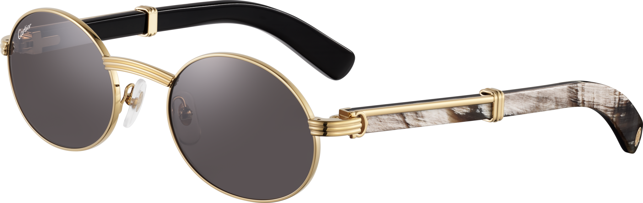 Première de Cartier太阳眼镜抛光镀金饰面金属，黑色牛角，灰色镜片