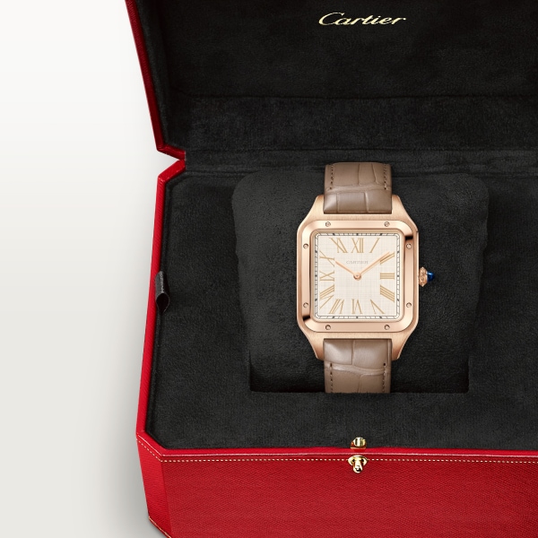 Santos-Dumont watch Extra-large model, manual mechanical movement, rose gold, leather
