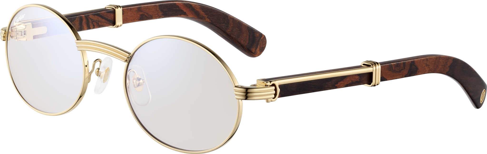 Première de Cartier SunglassesSmooth golden-finish metal, brown wood, burgundy photochromic lenses