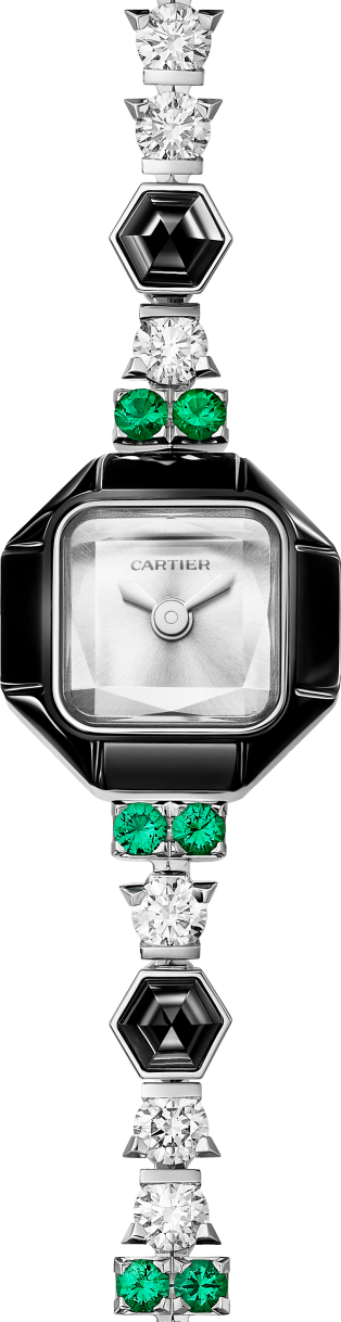 Jewellery watch Quartz movement, white gold, diamonds, onyx, emeralds