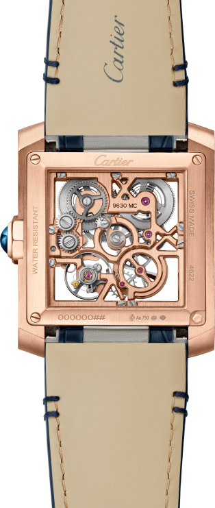 Tank Française skeleton watch Large model, manual skeleton movement, rose gold, leather