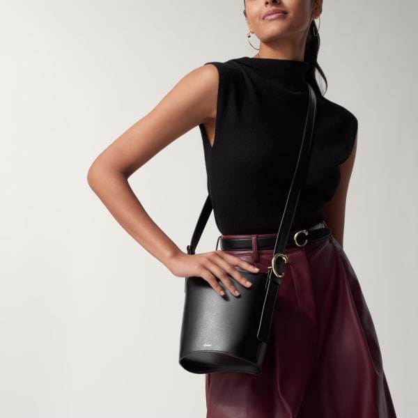 Mini bucket bag, Panthère C Black grained calfskin, golden finish