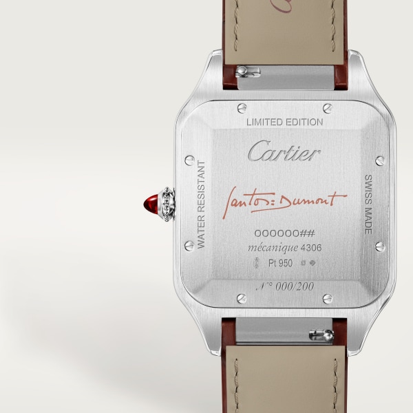 Santos-Dumont watch Extra-large model, manual mechanical movement, platinum, leather

