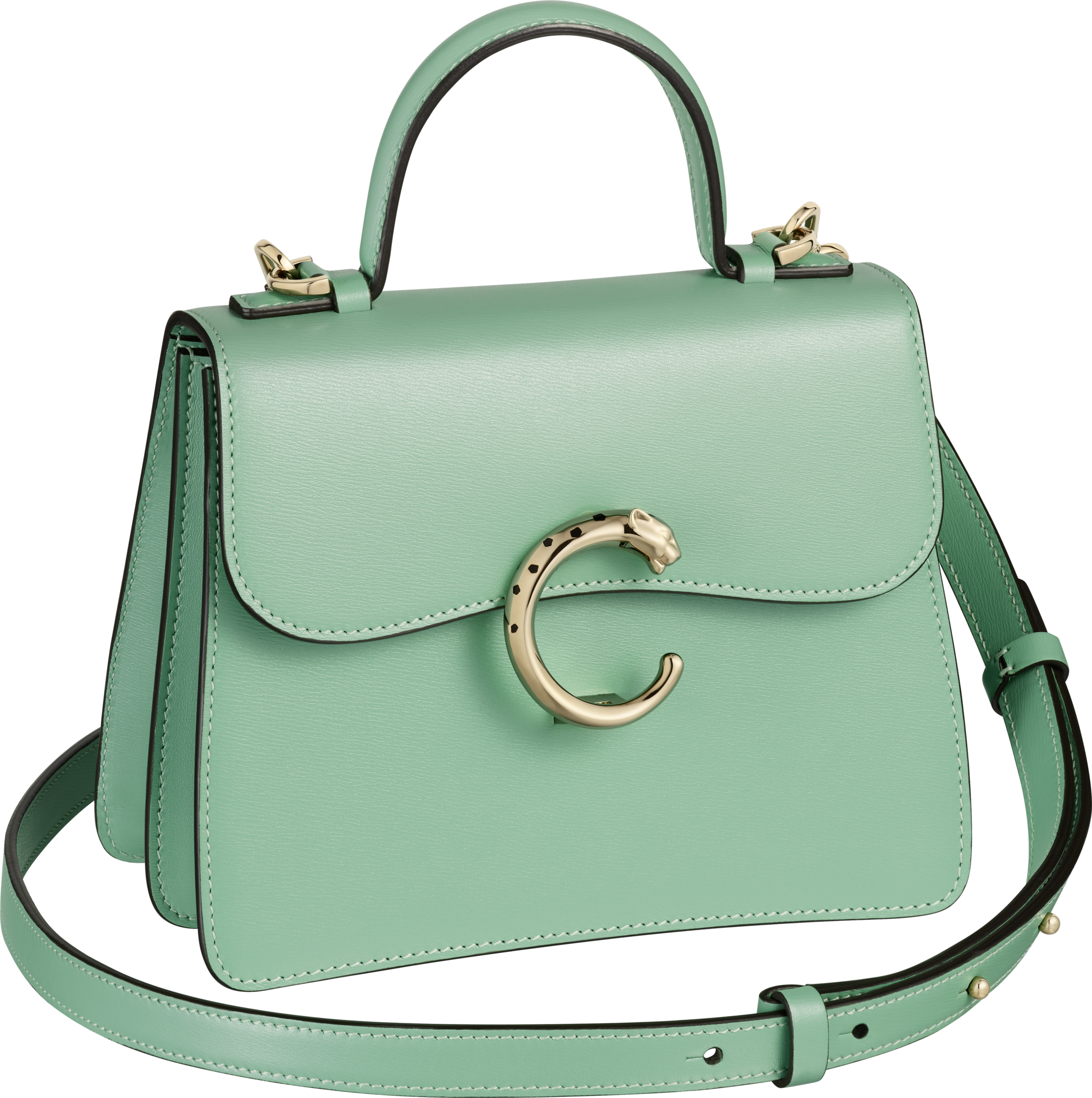 Handle bag small model, Panthère de CartierSage green calfskin, golden finish