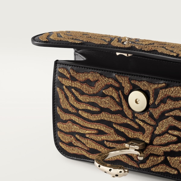 Mini model chain bag, Panthère C de Cartier Black calfskin and golden thread embroidery with tiger motif