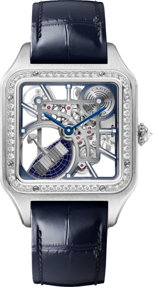 Santos-Dumont skeleton watch equipped with a micro-rotor Large model, automatic skeleton movement, white gold, diamonds, 2 leather straps