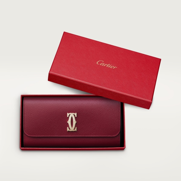 International wallet with flap, C de Cartier Cherry red textured calfskin, golden finish