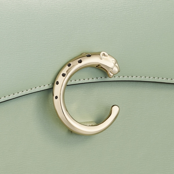 Small model handle bag, Panthère C de Cartier Sage green calfskin, golden finish
