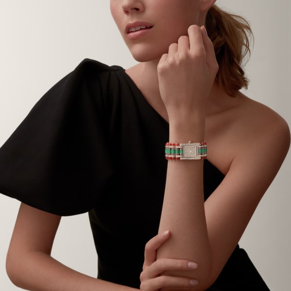 Tank jewellery watch Large model, quartz movement, rose gold, diamonds, amethysts, chrysoprase, coral