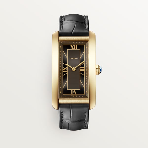 Tank Américaine watch Large model, automatic movement, yellow gold, leather