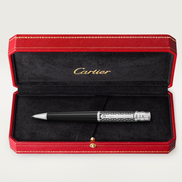 Santos de Cartier ballpoint pen Engraved metal, black lacquer, black composite, palladium finish