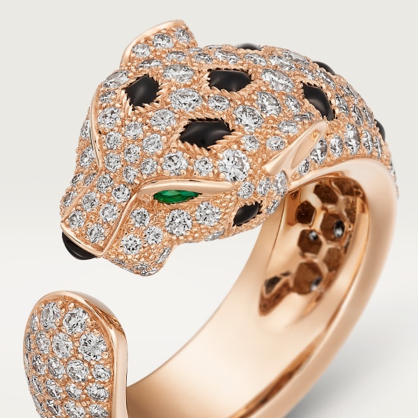 Panthère de Cartier ring, medium model, paved Rose gold, diamonds, onyx, emeralds
