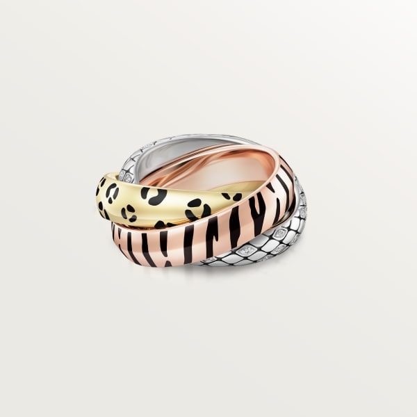 Trinity ring, lacquer, semi-paved Yellow gold, rose gold, white gold, lacquer, diamonds
