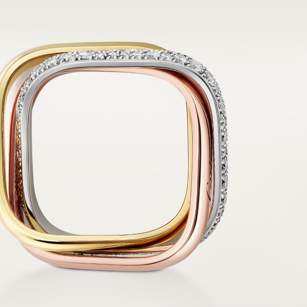 Trinity cushion ring, classic model, paved White gold, yellow gold, rose gold, diamonds