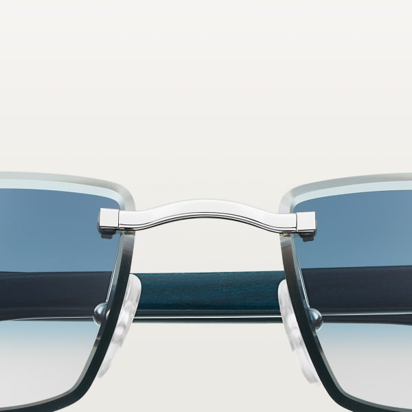 Sunglasses with Elongated C de Cartier motif Smooth platinum-finish metal, grey and blue wood, blue gradient lenses
