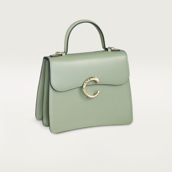 Small model handle bag, Panthère C de Cartier Sage green calfskin, golden finish