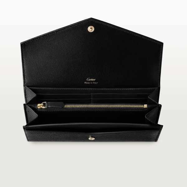 International wallet with flap, Panthère de Cartier Black calfskin, golden finish and black enamel