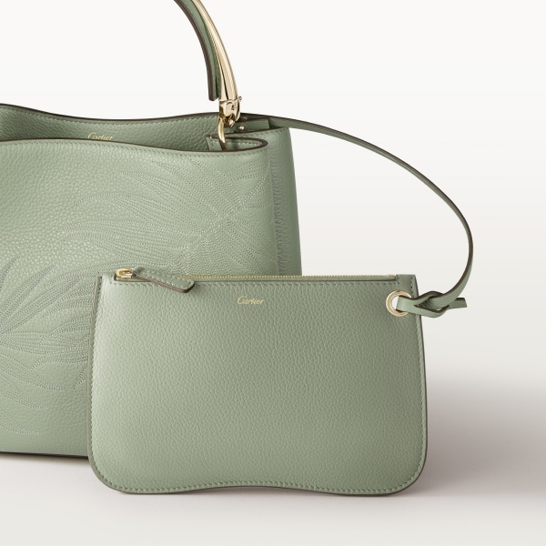 Small model handle bag, Panthère de Cartier Sage green calfskin and jungle embroidery, golden finish