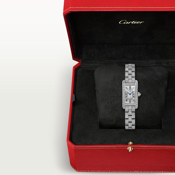 Tank Américaine watch Mini model, quartz movement, white gold, diamonds
