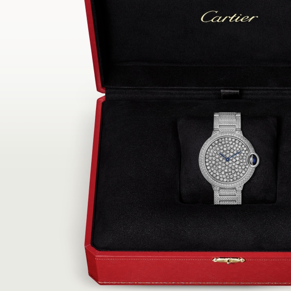 Ballon Bleu de Cartier watch 37 mm, automatic mechanical movement, white gold, diamonds, metal bracelet