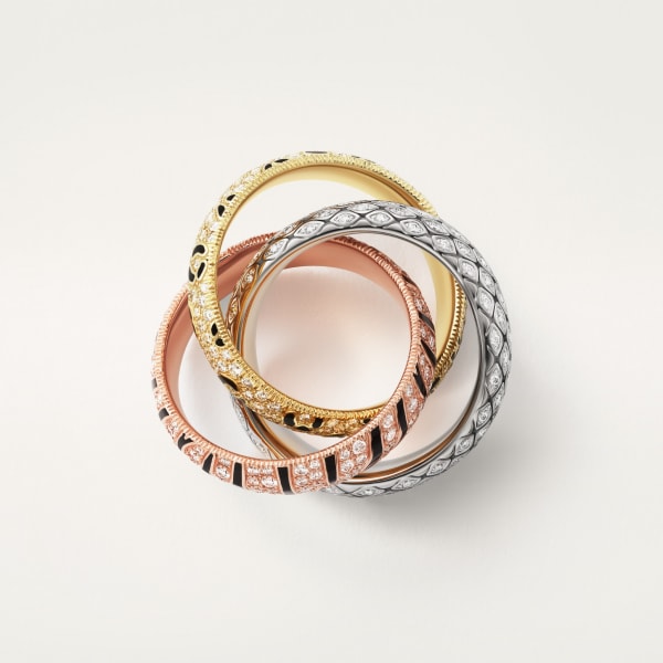 Trinity ring, lacquer, paved Yellow gold, rose gold, white gold, lacquer, diamonds