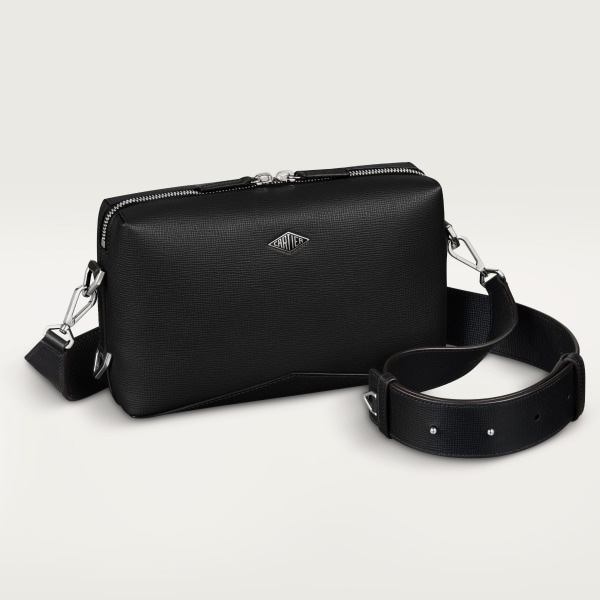 Long strap black bag, Cartier Losange   Grained black calfskin, palladium finish and enamel