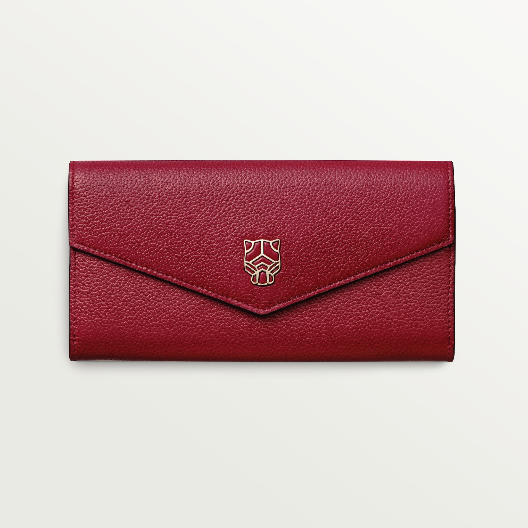 International wallet with flap, Panthère de CartierBurgundy calfskin, golden finish and burgundy enamel