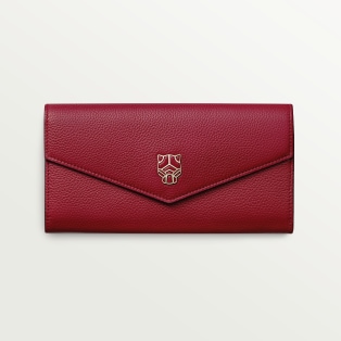 International wallet with flap, Panthère de Cartier Burgundy calfskin, golden finish and burgundy enamel