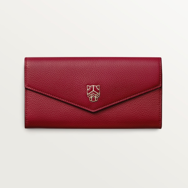 International wallet with flap, Panthère de Cartier Burgundy calfskin, golden finish and burgundy enamel