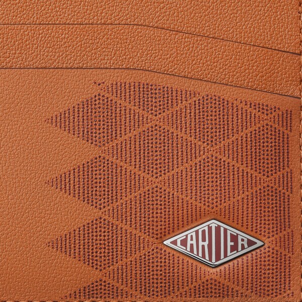 Double card holder, Cartier Losange Caramel-coloured and burgundy calfskin with diamond dots print, palladium finish and burgundy enamel