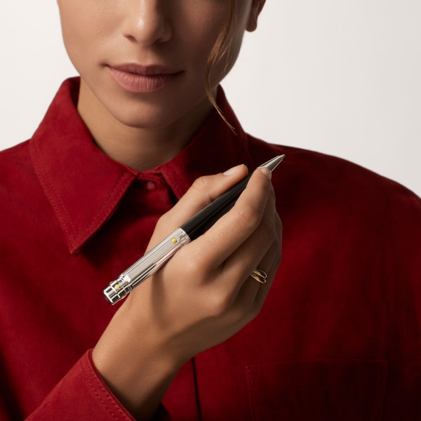 Santos de Cartier ballpoint pen Large model, engraved metal, composite, palladium and gold finishes