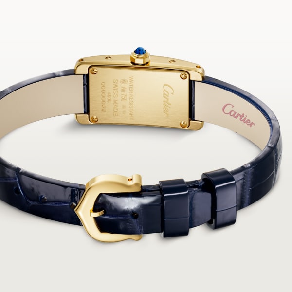 Tank Américaine watch Mini model, quartz movement, yellow gold, leather