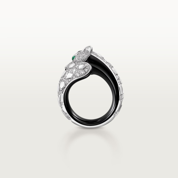 Panthère de Cartier ring, black lacquer, paved White gold, black lacquer, onyx, emeralds, diamonds