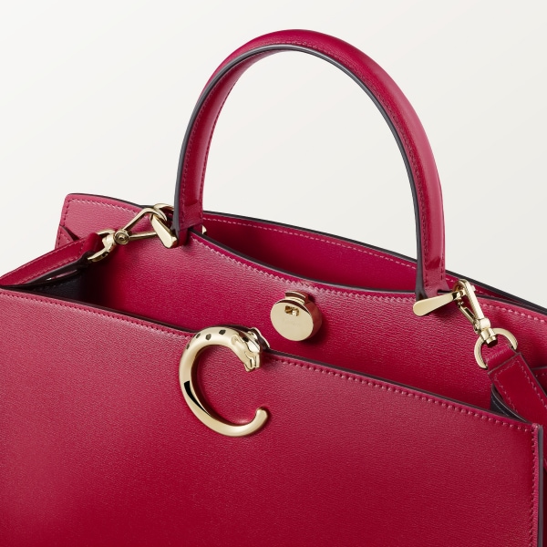Top handle bag small model, Panthère de Cartier Cherry red calfskin, golden finish