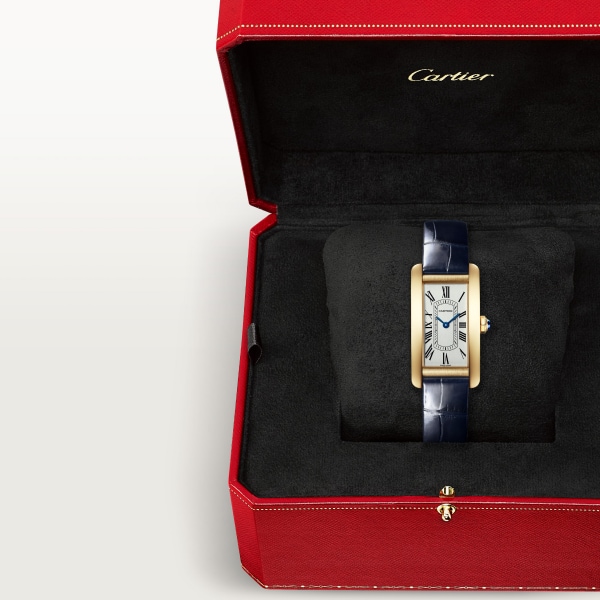 Tank Américaine watch Small model, quartz movement, yellow gold, leather