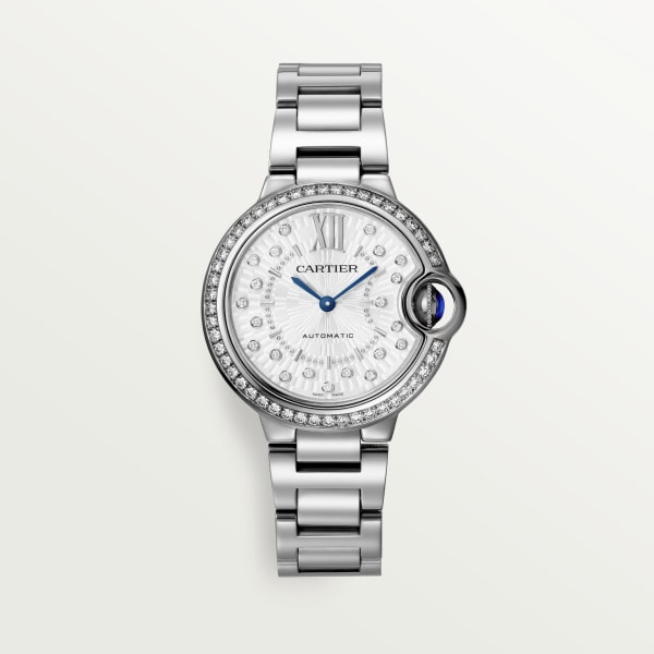 Ballon Bleu de Cartier watch 33 mm, automatic mechanical movement, steel, diamonds