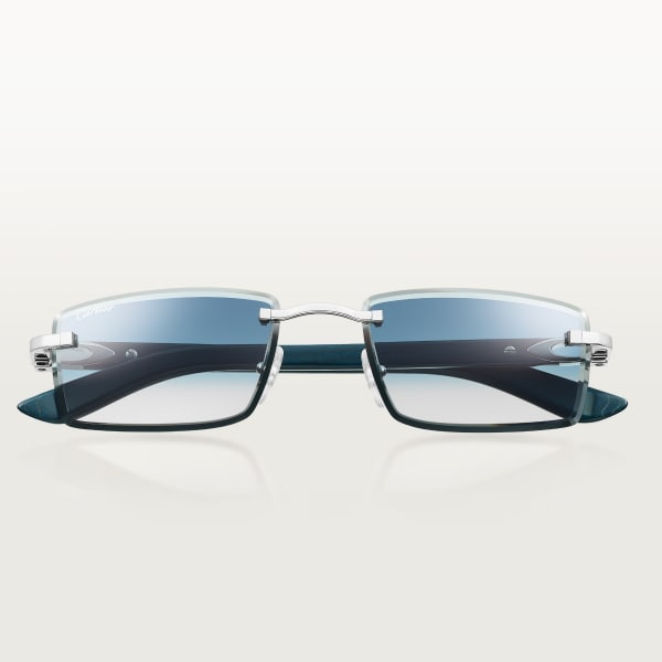 Sunglasses with Elongated C de Cartier motif Smooth platinum-finish metal, grey and blue wood, blue gradient lenses